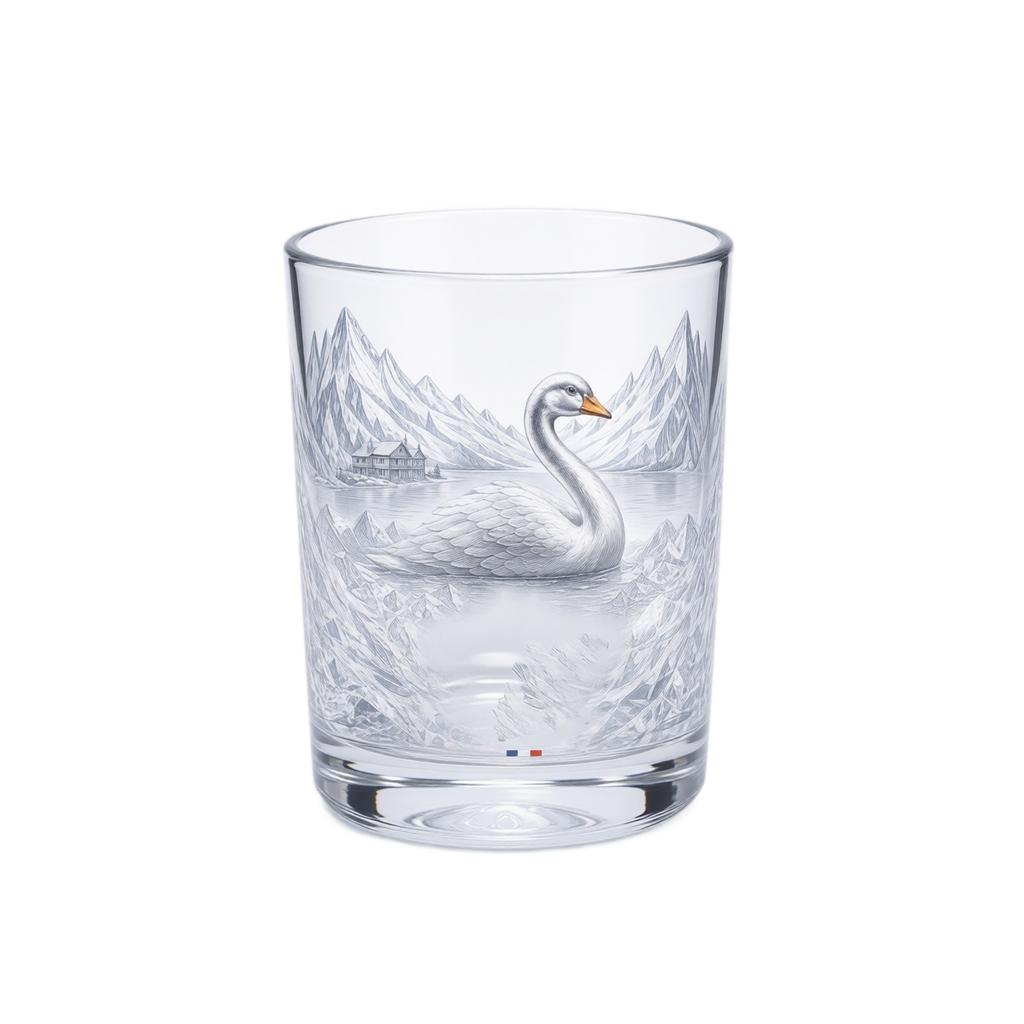 Glass Whiskey Tumbler Featuring Engraved Swan Design Suitable for Spirits and Cocktail Serving Durable Thick Base Clear Transparent