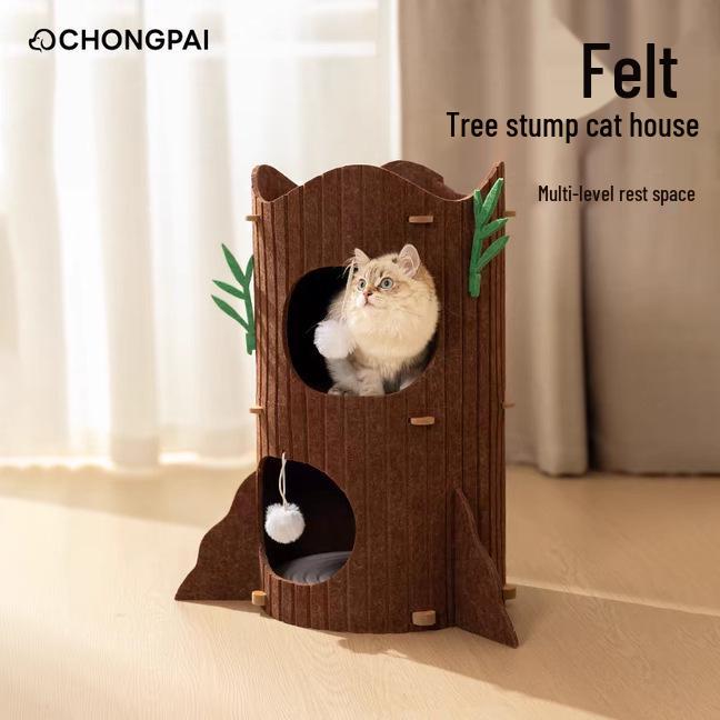 Multi-Layer Felt Cat Tree Bed: All-Season Enclosed Pet Nest with Tree Hole Design