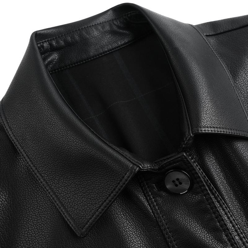 Leather Jacket Men's Autumn Sheepskin Middle-aged and Elderly Plus Velvet Leather Jacket Dad's Button Lapel Jacket