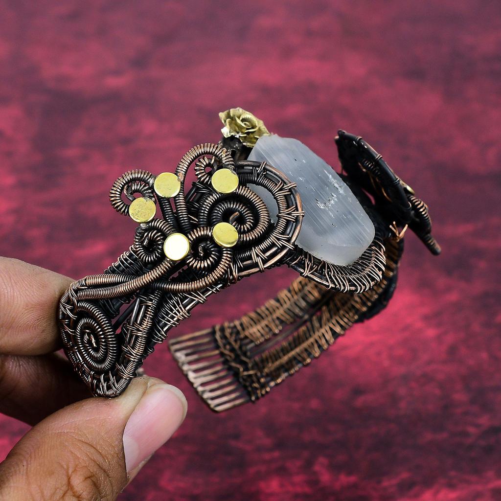 Selenite Druzy Bangle Flower Jewelry Copper Wire Wrapped Adjustable Cuff Bracelet