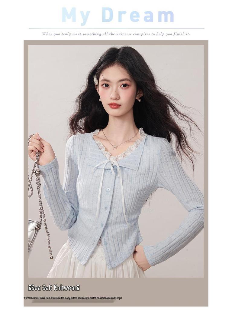 Kumikumi Women's Chic Blue Lace Tie-Up Long Sleeve Autumn Two-Piece Slimming T-Shirt