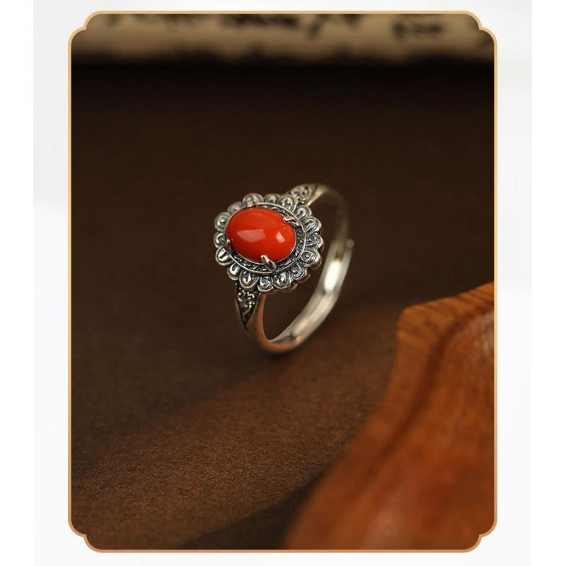 Adjustable Open Ring Women Men Copper Floral Daisy Design Natural Red Agate Boho Vintage Style Jewelry