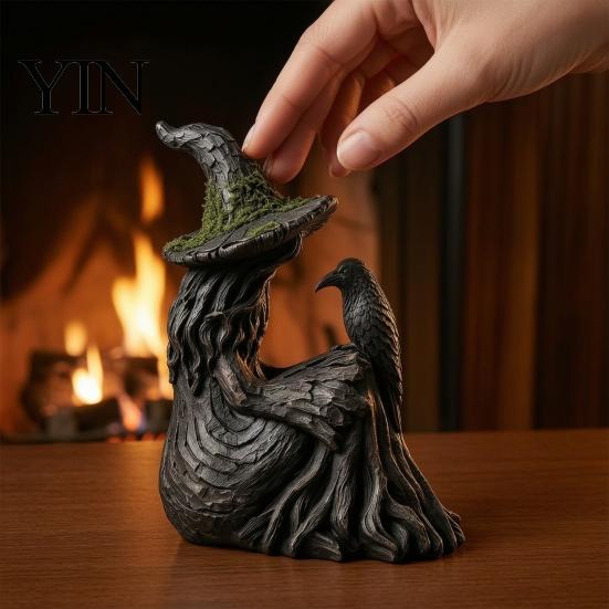 Durable Weather Resistant Ornament Luminous Witch & Raven Figurine with Mossy Tree Texture, Resin Gothic Ancient Crow Statue LED Light for Halloween