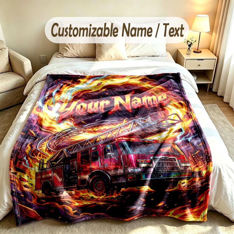 Fire Truck Theme Custom Blanket Personalized Name & Text Customized Soft Warm Throw Blanket Home Decor