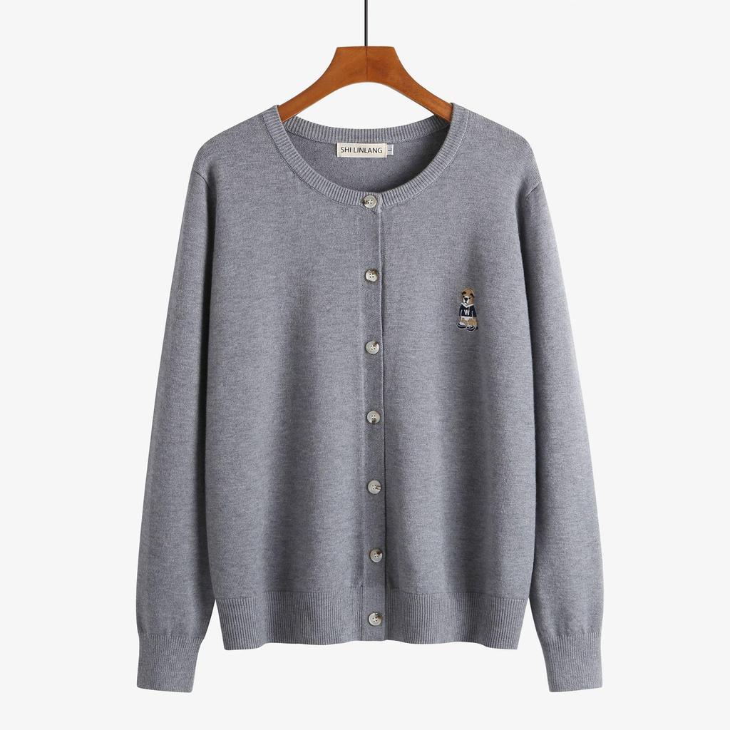 Plus Size Women's Bear Embroidery Knit Cardigan - Autumn/Winter 2026 Round Neck Thick Sweater Coat (220 Jin)