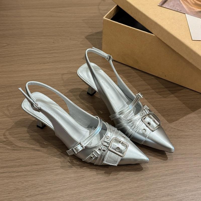 Fashion Pointed Toe High Heels Spring and Summer 2025 New French Outside Wear Belt Buckle Wrapped Toe Sandals Back Empty Half Drag