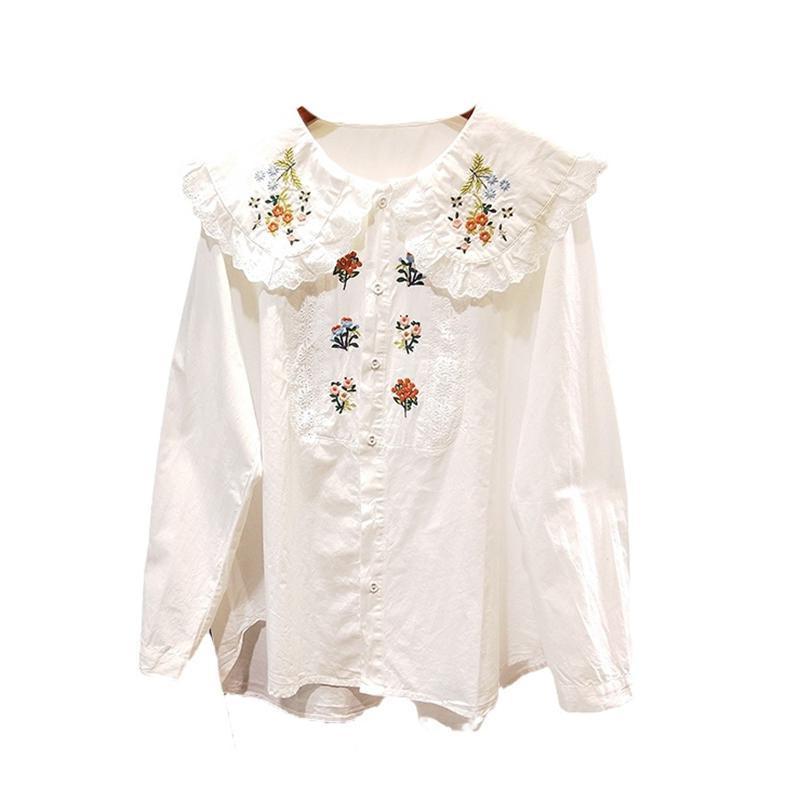 Damen Plus Size Bestickte Spitze Puppenkragen Langarmshirt - Frühling/Herbst Modischer Studentenstil