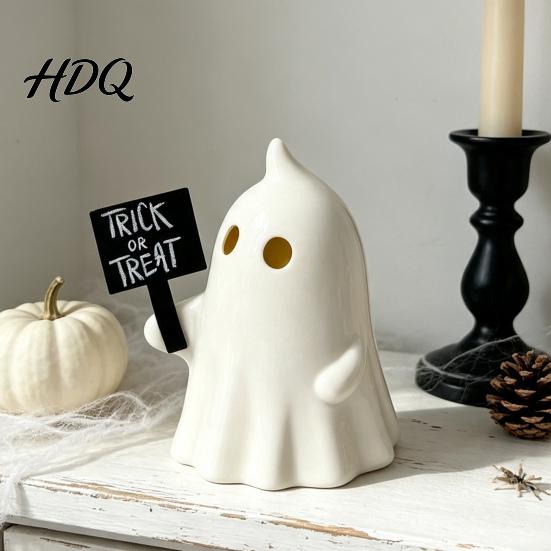 Atmospheric Night Light Halloween Up Ghost Figurine Cute Small Resin Statue Spooky Desktop Gift for Bestie Ornament Table Mantel Shelf Tiered