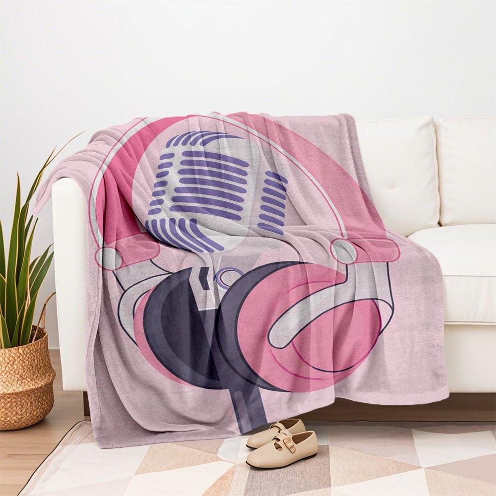 Pink Headphones and Microphone IllustrationBlanket Flannel Throw Blanket for Sofa, Bed, Travel, Camping, Office, Couch, Chair, And Bed Gift