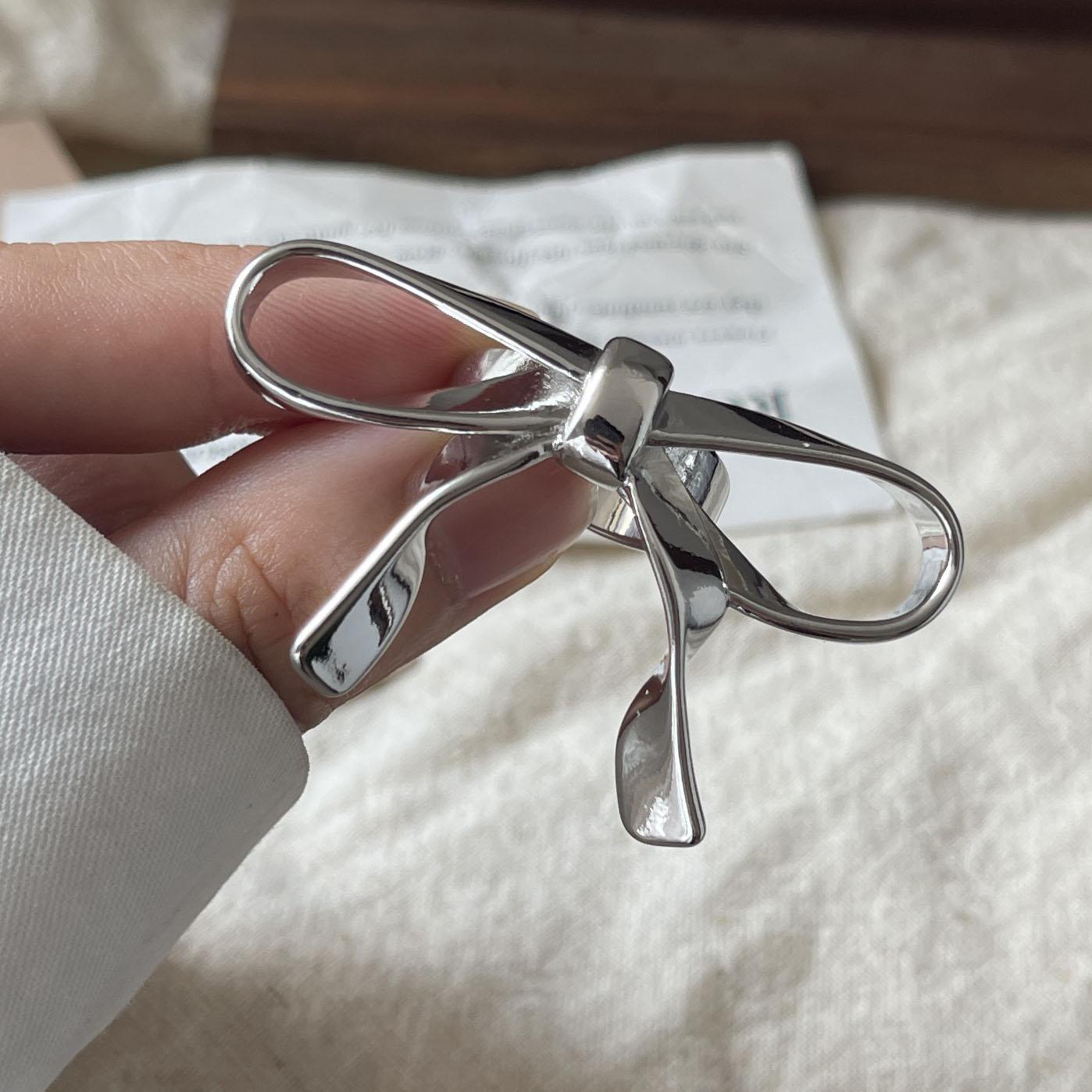 

925 Sterling Silver Rings For Women Geometric Fine Jewelry Finger Adjustable Simple Big Bow Open Ring For Party Birthday Gift resizable