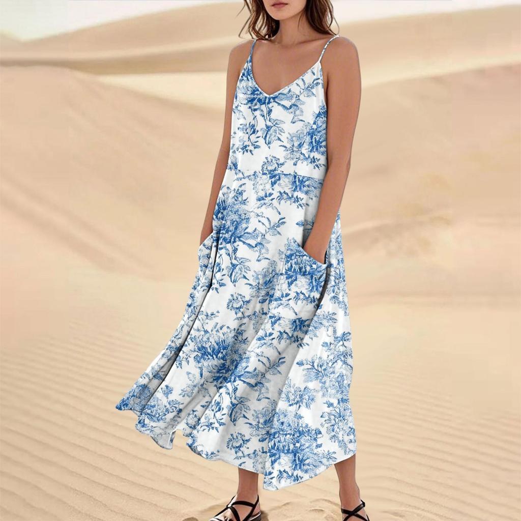 Damenmode Lässig Ärmellos Tasche Langes Strandkleid mit Blumendruck