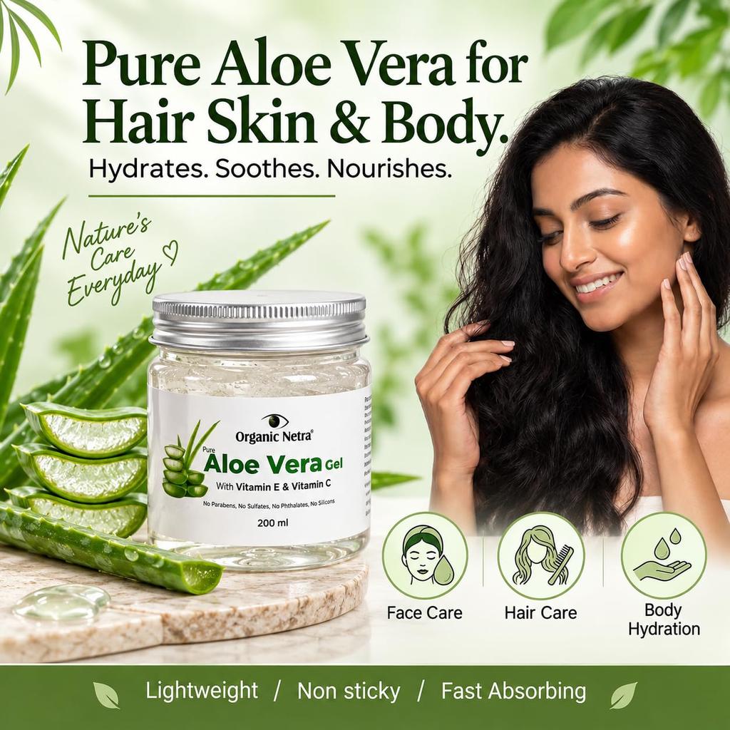 Organic Netra Pure Aloe Vera Gel with Vitamin C & E for Skin, Face & Hair 7.05 oz