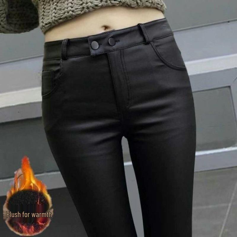 Women's High-Waisted Plush-Lined Black Leggings - Slimming Korean Style for Autumn/Winter