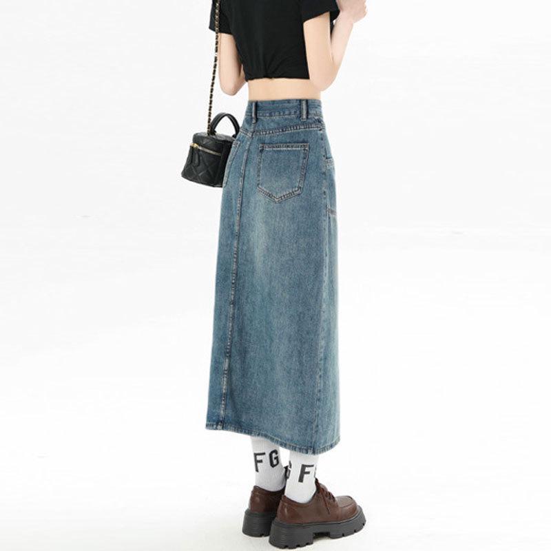 Women's High Waist A-Line Denim Midi Skirt with Slit and Pockets