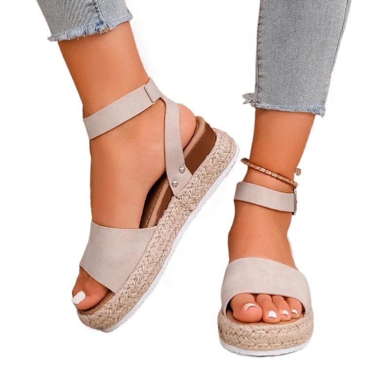 2025 Summer Women's Ankle-Wrap Rome Sandals Platform Buckle Strap Wedges Non-Slip Plus Size Soft Sole for Beach & Daily Casual