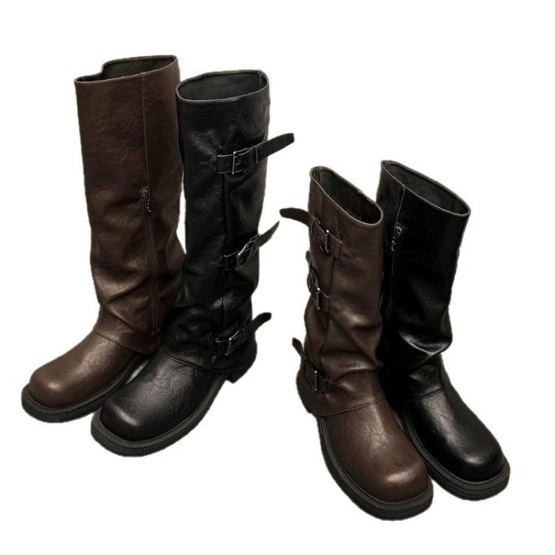 thick-soled thick-heeled medium tube pants tube boots women's new autumn western cowboy slim big tube circumference high tube Martin boots