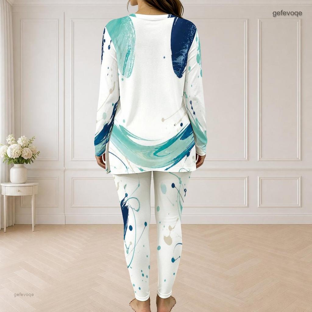 Women Plus Size White Blue Green Printed Front Zip Long Sleeve Top And Long Pants Two Piece Set