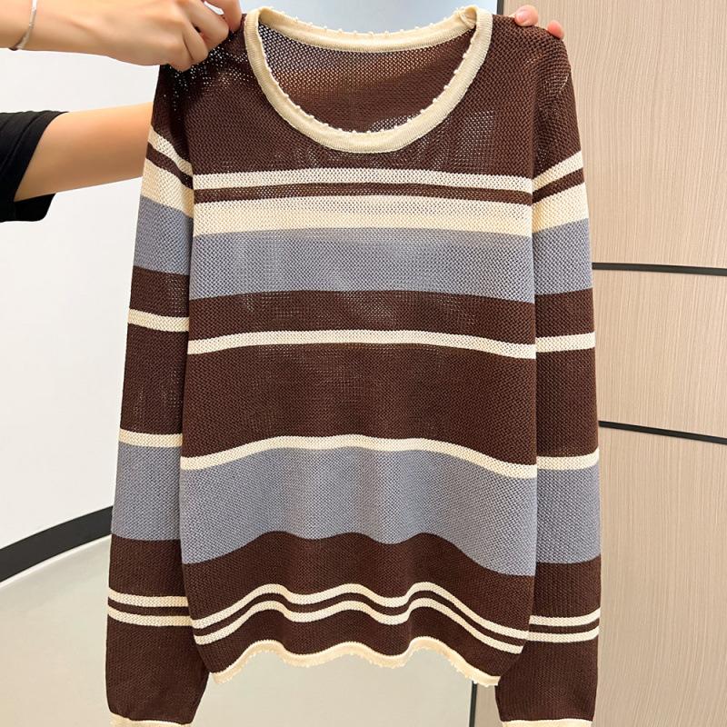 

Autumn and winter contrasting stripes hollow long-sleeved knitted sweater women s bottom sweater one size fits all темно-коричневого