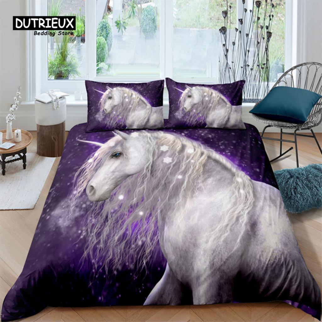 Bettbezug mit weißem Drachenpferd, 3D-Einhorn-Bettwäscheset für Teenager und Kinder, Mikrofaser, Western-Cowboy-Bettbezug mit Kissenbezügen