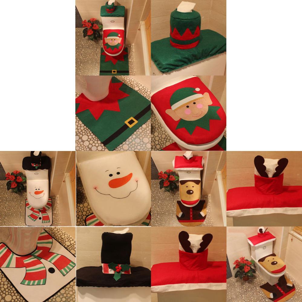 Festliches Weihnachts-WC-Sitzbezug-Set mit Weihnachtsmann-, Schneemann- und Rentiermotiven