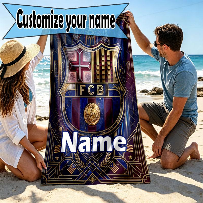 Custom Name Personalized Barcelona FC Soccer Print Beach Towel, for Trip Camping Beach Party Home Decor, Birthday Gift for Family & Friends