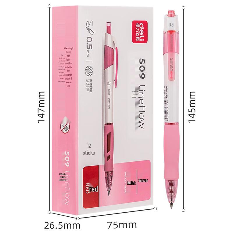 Deli S09 Quick-Dry Retractable Gel Pens, 0.5mm, Red, 36-Count