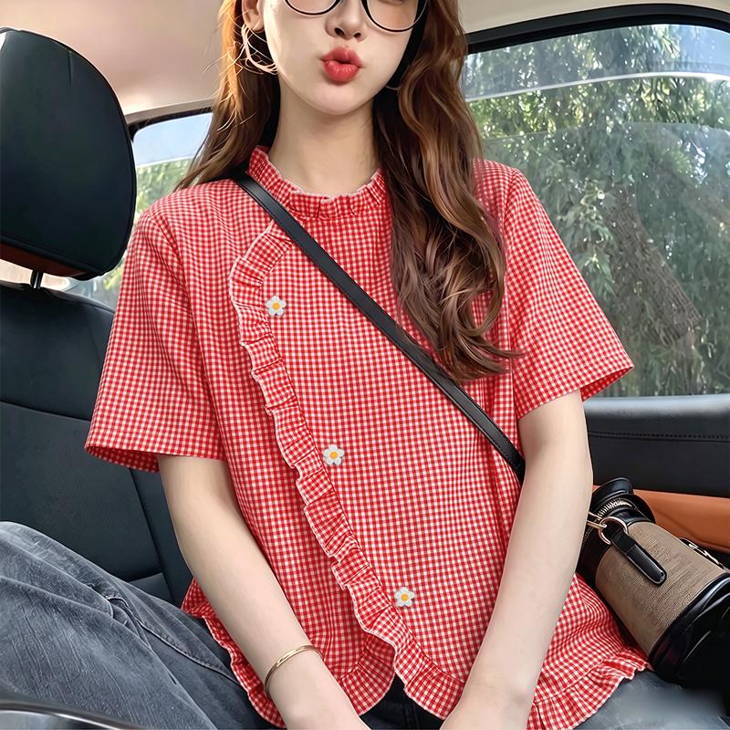 ZANZEA Women Casual Round Neck Plaid Print Loose Short Sleeve Blouse