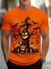 Pánské halloweenské tričko - Strašidelný dýňový čaroděj s netopýry Oranžové ležérní tričko s kulatým výstřihem, Pratelné v pračce, Běžný střih pro halloweenské večírky