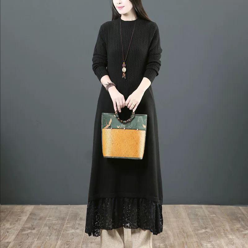

Women s Oversized Long-Sleeve Knit Sweater Under A Women s Loose-Fit Long Fall Dress That Falls Below The Knee S чёрный