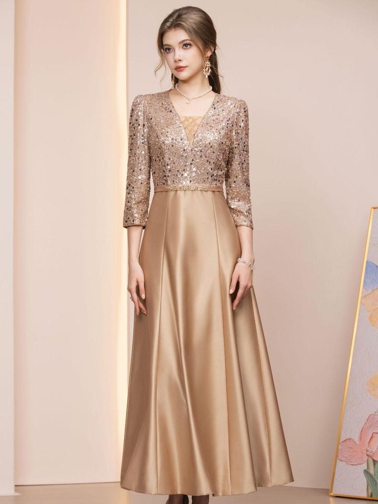 Zhilv Champagne Elegante Strass Patchwork Lange Jurk met Zeven Mouwen en Hoge Taille Rok, Lente 2026.