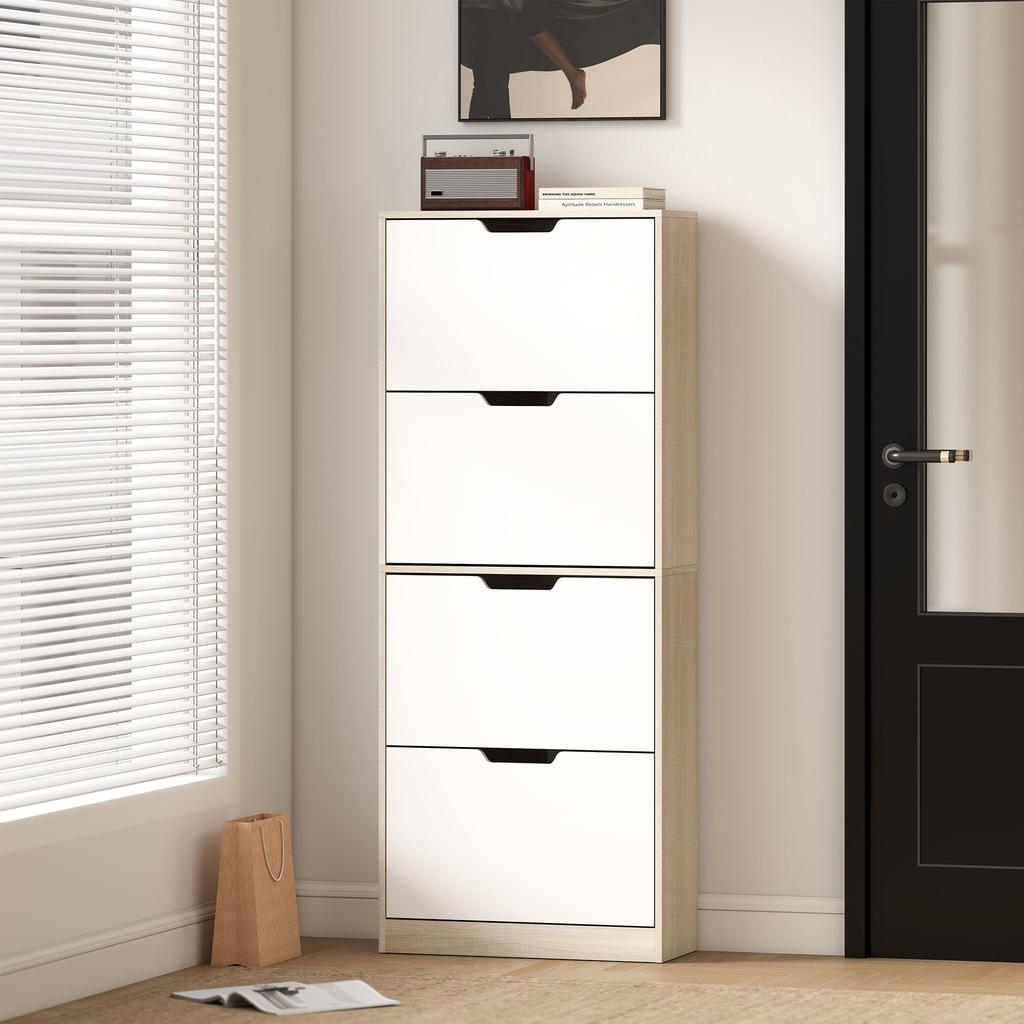 Slim Space-Saving Shoe Cabinet with 4 Drawers for 20 Pairs of Shoes 62.5x26x156 Cm, Wood Colour and White