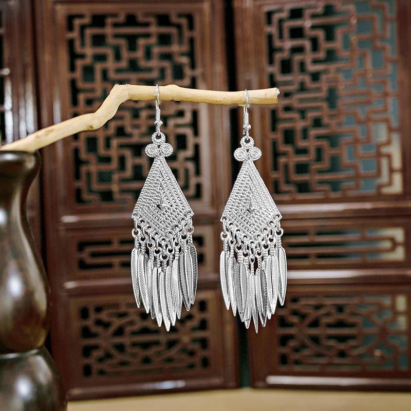 Miao Silver Tassel Dangle Earrings: Ethnic-Style Studs for Women