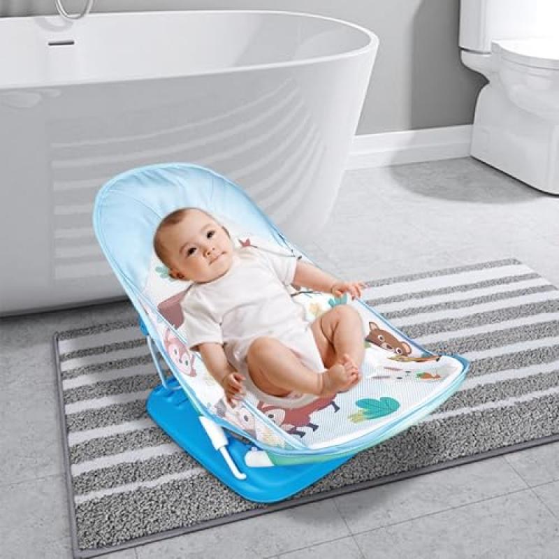 Badstol för baby, Hopfällbar bärbar badbalja för spädbarn med justerbart ryggstöd och halkskydd, Badstol för nyfödd till småbarn med dräneringshål