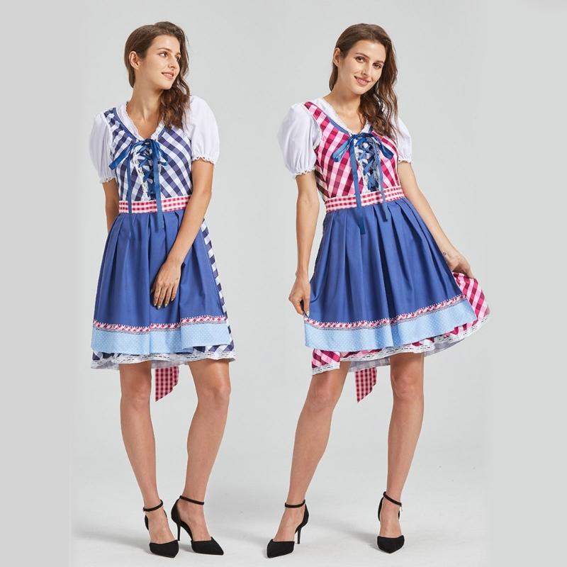 German Bavarian Oktoberfest Costume Set,Halloween Beer Costume Dirndl Dresses Blouse Shirt Apron for Adult Womens