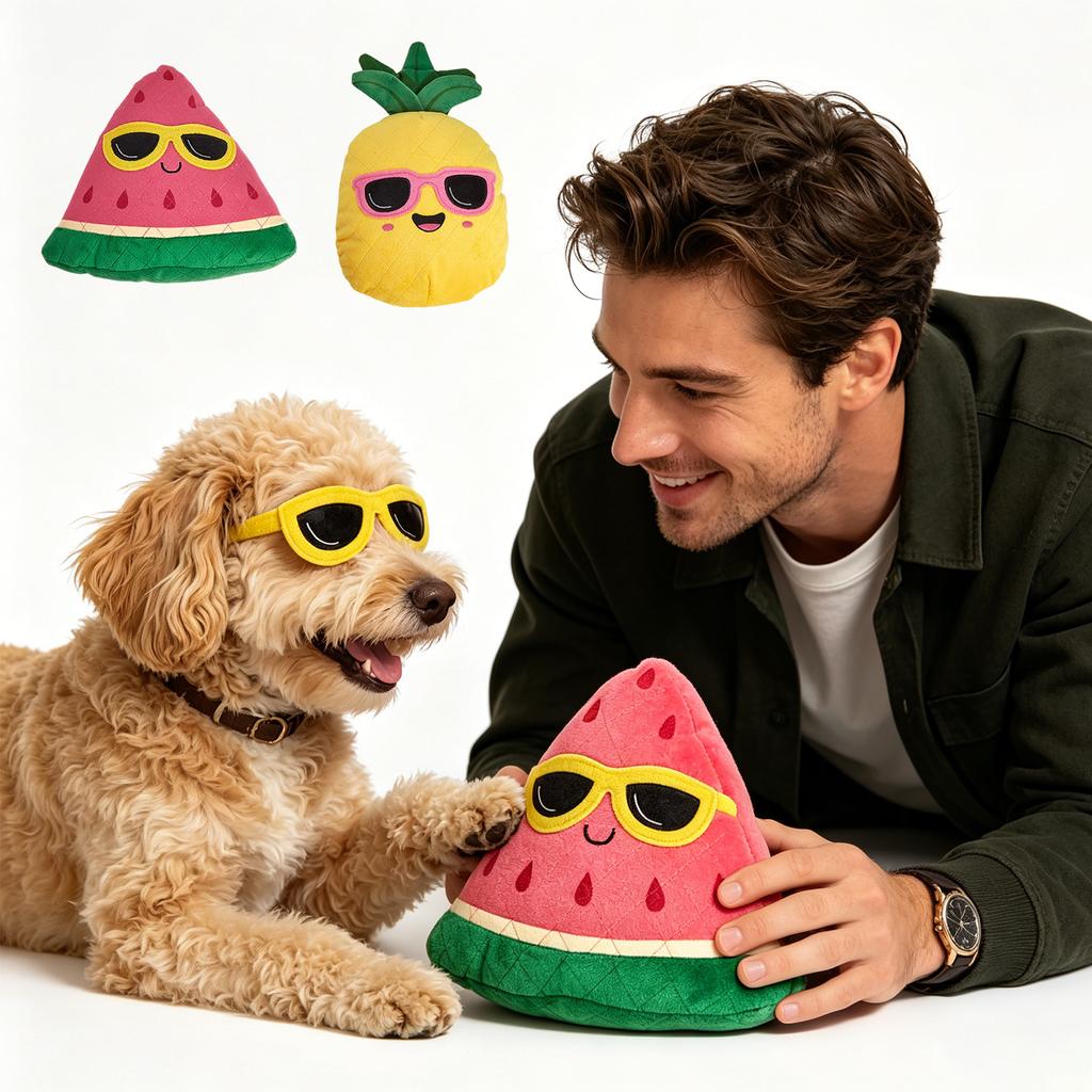 Summer Fruit Squeaky Dog Toys, Cute Plush Watermelon & Pineapple Chew Toys with Crinkle Paper, Interactive Dog Toys for Boredom Relief & Teething