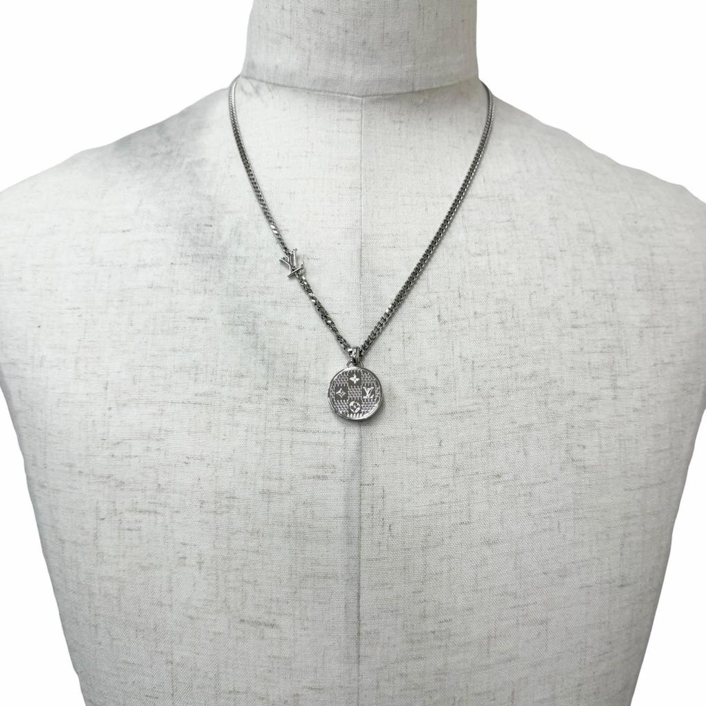 Excellent LOUIS VUITTON Necklace Pendant Damier Staple Silver Mens M02446 Used
