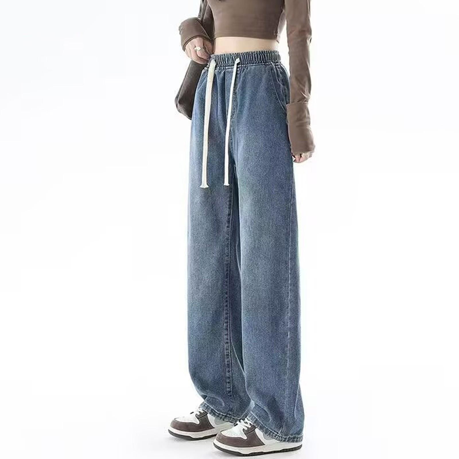 

Женские потертые джинсы с высокой талией, модные универсальные прямые джинсы с эластичной талией XXXL синий