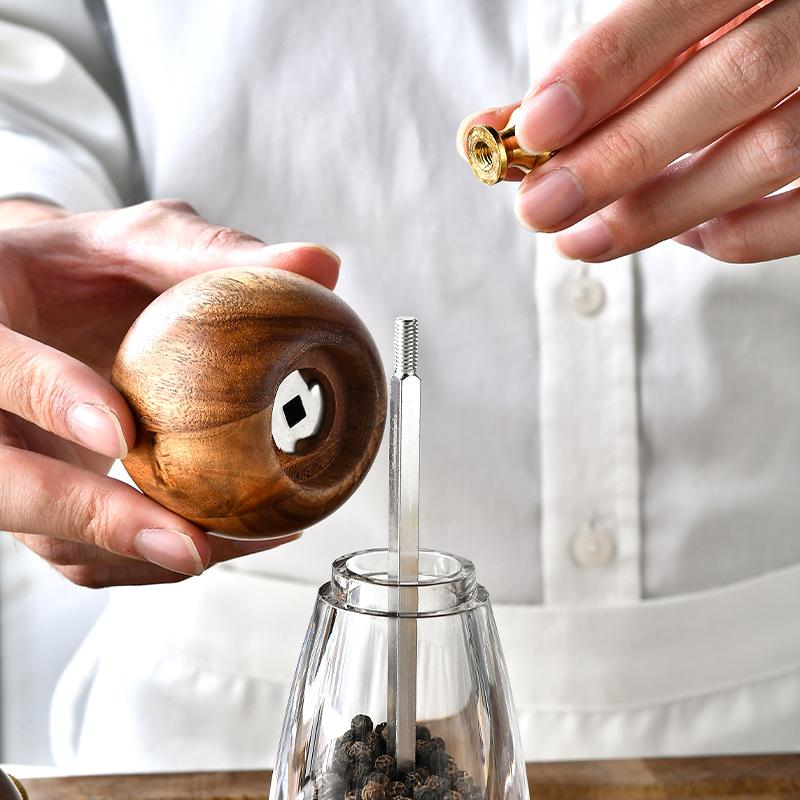 1pcs Manual Round Head Pepper Sea Salt Grinder Acrylic Acacia Wood Grinder Ceramic Core Kitchen Tools