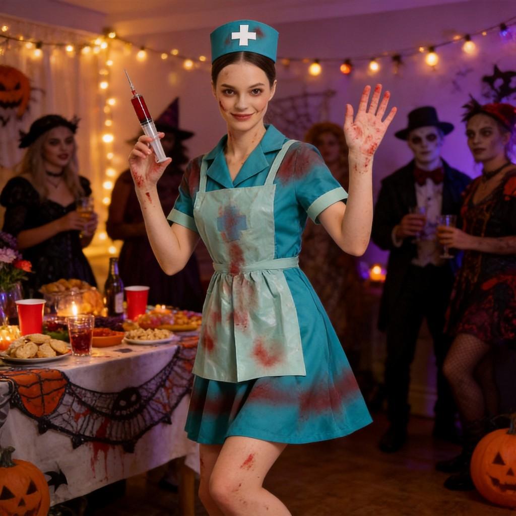 Halloween Zombie Nurse Cosplay Costume With Bloodstains For Horror Theme Party