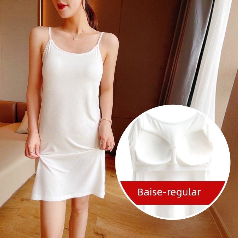 

Summer Mid-Length Sling Dress with Chest Pad Integrated Inner Wear Bottoming Skirt Wear-Free Bra White Fashion Tape Underdress White-regular (length 80cm) M(40.00 kg-47.50 kg)