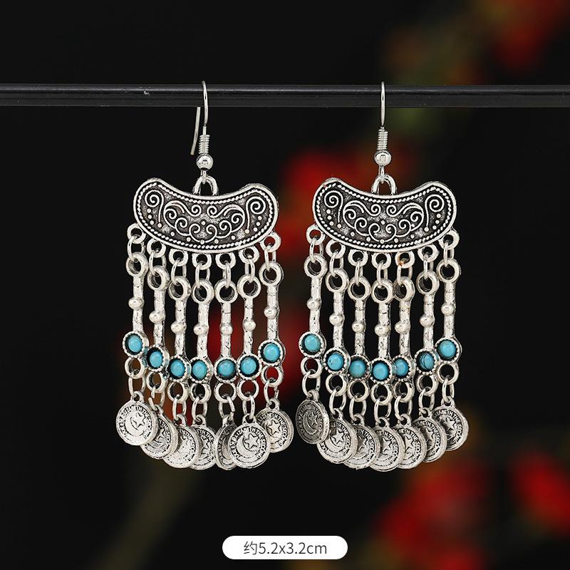 Retro Exotic Ancient Silver Coins Tassel Earrings Women's Long Personalized Earrings Niche Earrings
