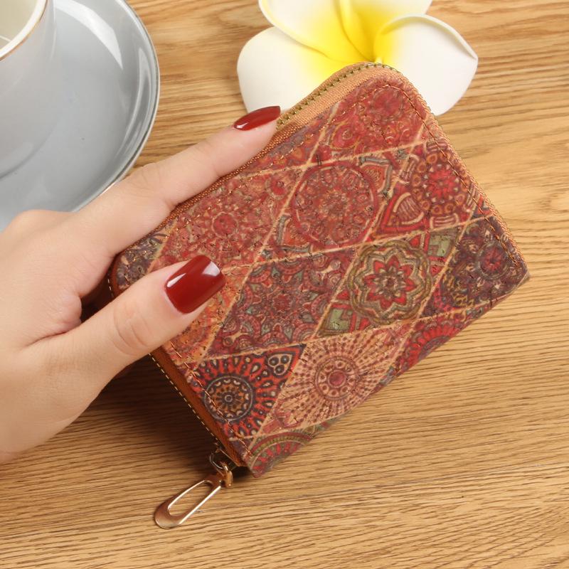 Retro Cork Print Leather Double Zipper Card Holder Wallet - Large Capacity and Portable