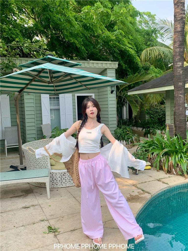 Kalhoty s vysokým pasem a širokými nohavicemi v korejském stylu s vertikálním pruhem pro ženy - Kolekce jaro/podzim 2025