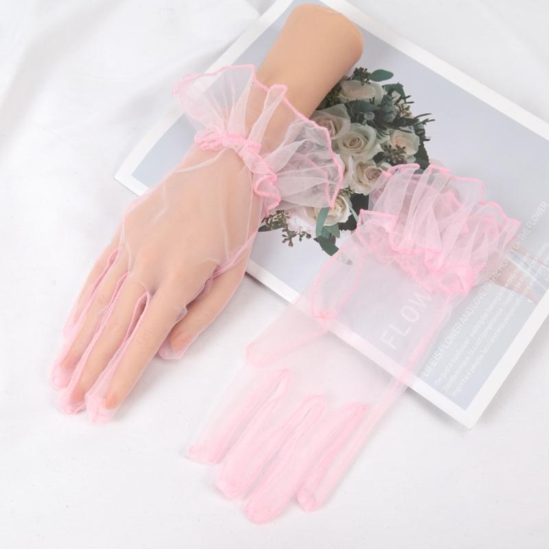 New Sexy Transparent Lace Black White Gloves Solid Color Fashion Women Drive Short Tulle Gloves Mesh Stretchy Wedding Mittens