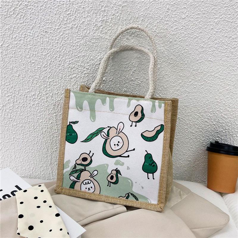 Student Cartoon Canvas Handbag Cute Avocado Pattern Shopping Tote Bag for Girls