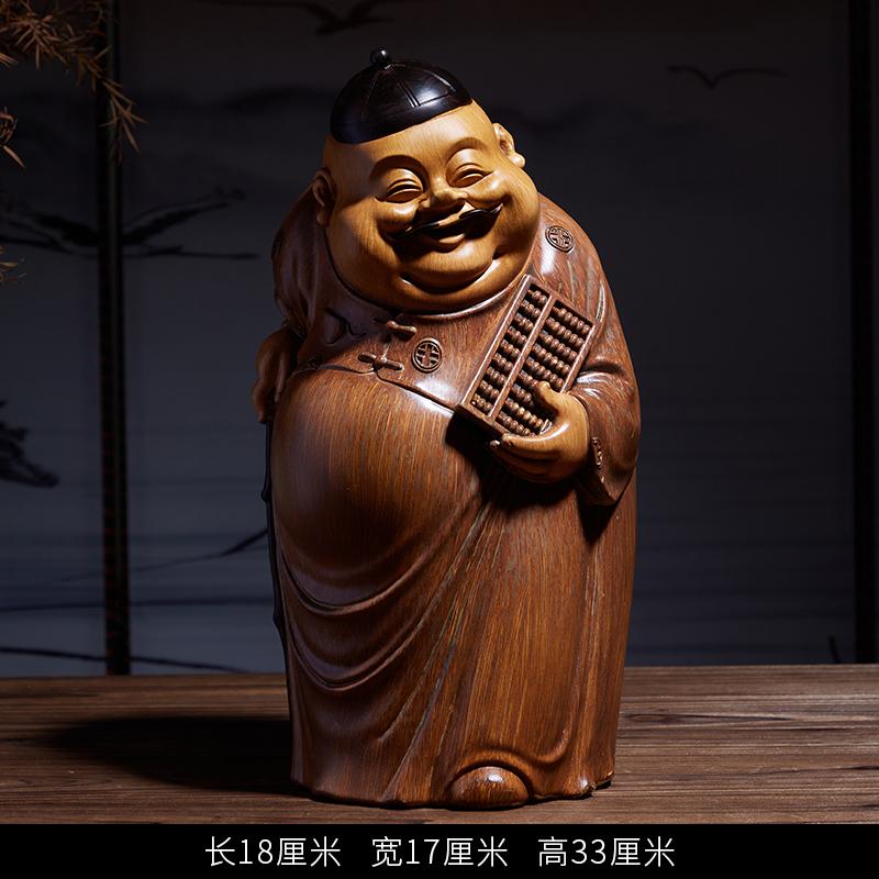 1pc Chinese Landlord's Ornament Wooden Carved Figurine Ornaments Home Decoration Wooden Carving Crafts Feng Shui Sculptures