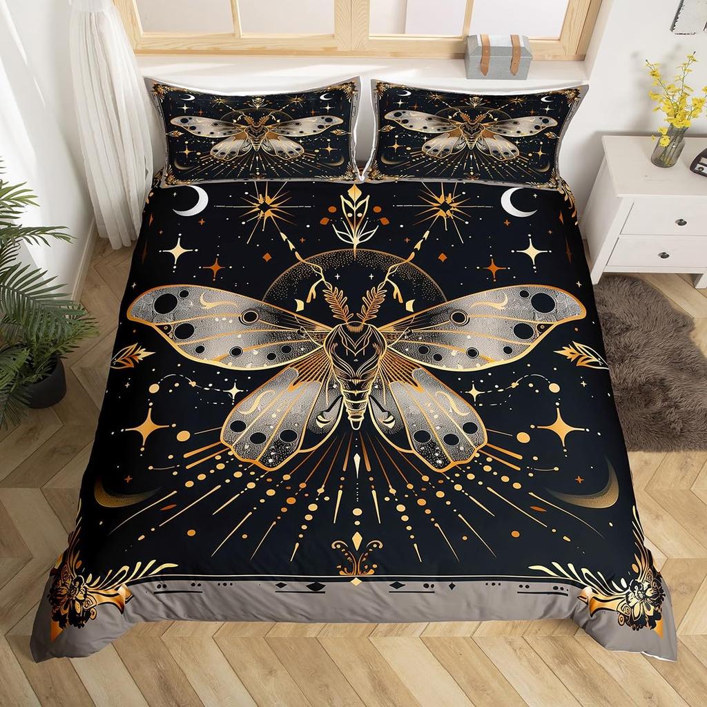 Gothic Moth Duvet Cover Set Queen Twin SizeDreamy Butterfly Animal Rustic Leaves Bedding SetExotic Starry Moon Sky Quilt Cover