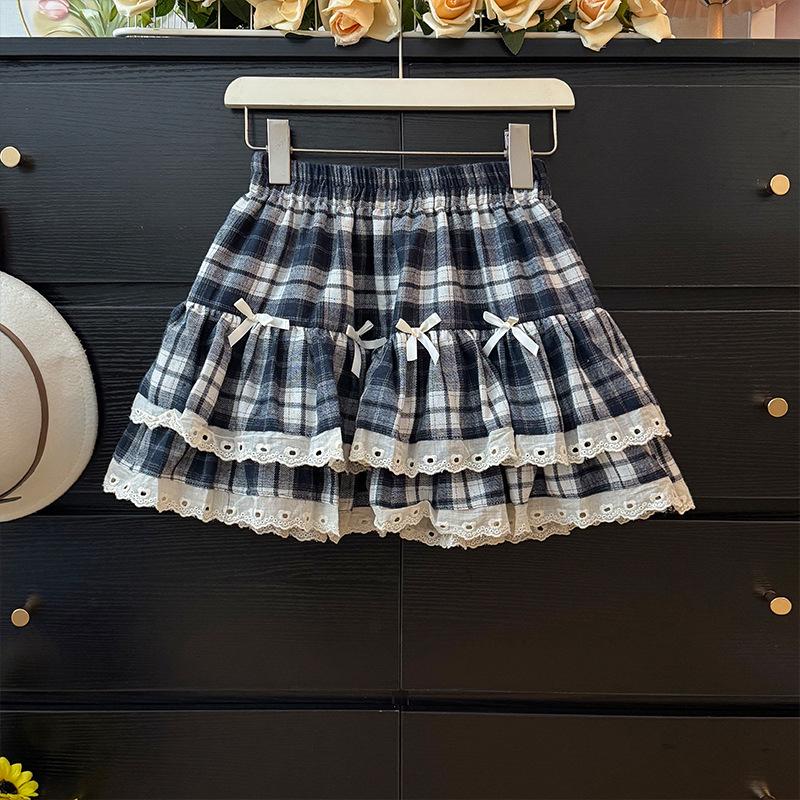 Elastic Plaid Lace Patchwork A-Line Puffy Skirt with Bow