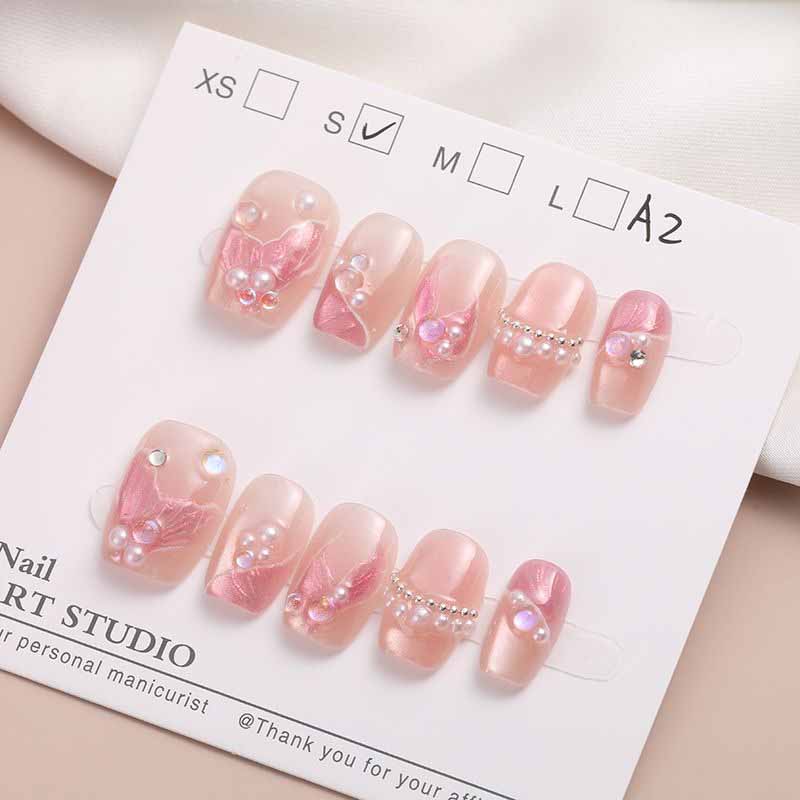 10 Pcs 3D Stereoscopic Mermaid Handmade Press On Nails Short Cat Eye Pearl French Nail Art Tips
