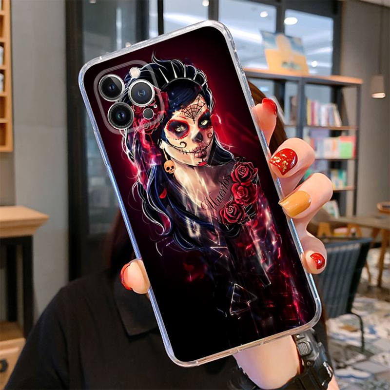 Catrina Beautiful Rose Girl Skull Phone Case For iPhone 14 13 12 11 Pro Max XS X XR SE 2020 6 7 8 Plus Mini Transparent Shell